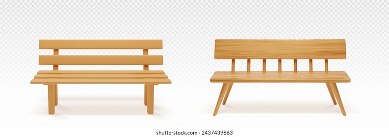 Wooden park or backyard bench front view. Realistic vector illustration set of long chair with light brown wood texture for public city garden. Street furniture made of deck plank. Outdoor seat.