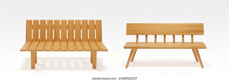 Wooden park or backyard bench front view. Realistic vector illustration set of long chair with light brown wood texture for public city garden. Street furniture made of deck plank. Outdoor seat.