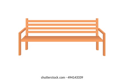 Wooden park bench. Brown wooden bench icon. One isolated outdoor bench. City object in flat. Simple drawing. Isolated vector illustration on white background.