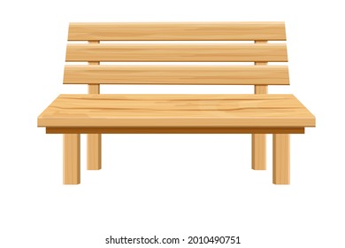 Wooden park bench, garden furniture in cartoon style isolated on white background. Wood street seat, outdoor decoration.