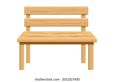 Wooden park bench, garden furniture in cartoon style isolated on white background. Wood street seat, outdoor decoration.