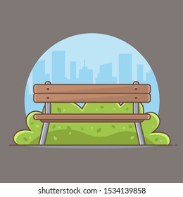 wooden park bench on the background of the city. flat vector illustration.