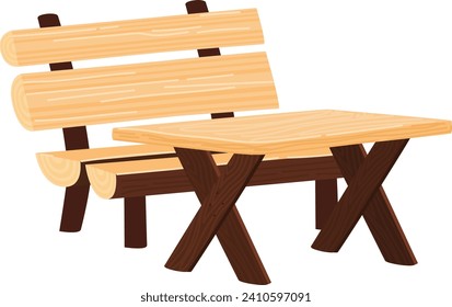 Wooden park bench and picnic table isolated on white. Outdoor furniture for garden and park vector illustration.