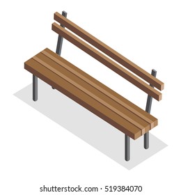 Wooden park bench with shadow. Wooden bench icon. One isolated outdoor bench. City isometric object in flat. Isolated vector illustration on white background.