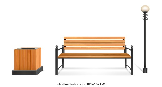 Wooden park bench, street lamp and litter bin, outdoor wood seat with forged legs and armrests, lantern on metal pole and garbage container. City or park sidewalk furniture. Realistic 3d vector set