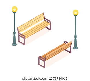 Wooden Park Bench with Street Lamps on a white background. Outdoor wood bench and metal street light object for park cottage and yard vector illustration. stock illustration.