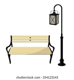 Wooden park bench and street lantern vector isolated on white