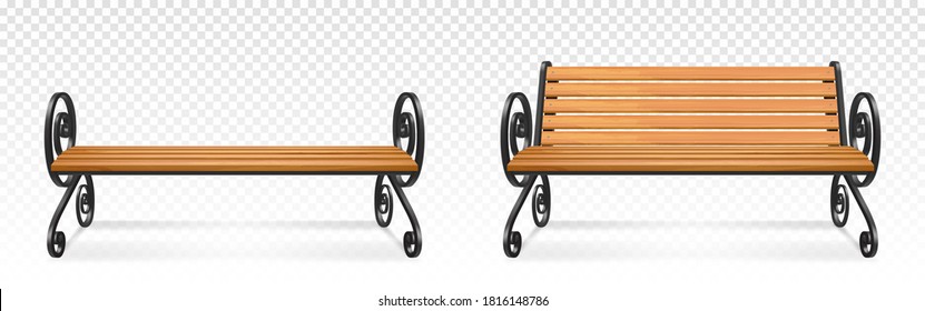 Wooden park benches, outdoor brown wood seats with decorative ornate forged metal legs and armrests. Garden or sidewalk furniture isolated on transparent background. Realistic 3d vector illustration