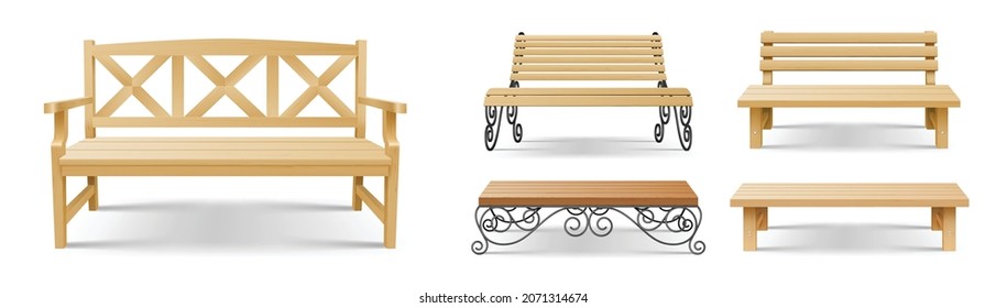 Wooden park benches, outdoor brown wood seats with decorative ornate forged metal legs and armrests. Garden or sidewalk furniture isolated on white background. Realistic 3d vector illustration