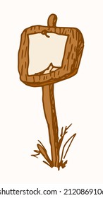 Wooden park brown sign in the grass. Isolated doodle-style sign with an announcement on a stand post in the grass, brown color on white vintage design.Vector wooden vintage sign
