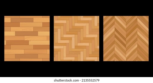 Wooden parquet, mosaic, overlay and herringbone pattern. Hardwood light laminate floor. Wood grain texture. Timber interior. Oak, walnut, pine or maple nature materials. Realistic vector illustration