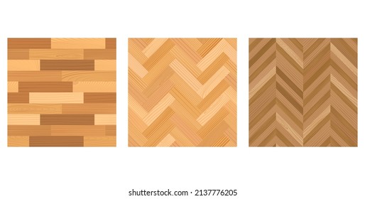 Wooden parquet, mosaic, overlay and herringbone pattern. Hardwood light laminate floor. Wood grain texture. Timber interior. Oak, walnut, pine or maple nature materials. Realistic vector illustration