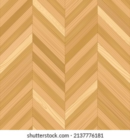 Wooden parquet, seamless chevron pattern. Hardwood light fishbone laminate floor. Wood grain texture. Timber interior. Oak, walnut, pine or maple nature materials. Realistic flat vector illustration