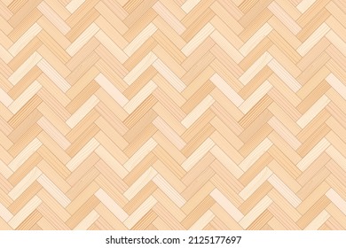 Wooden parquet, seamless herringbone pattern. Timber interior. Hardwood light laminate floor top view. Wood grain texture. Oak, walnut, pine or maple nature materials. Realistic vector illustration