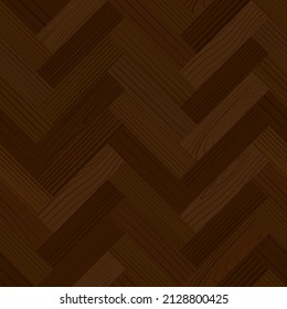 Wooden parquet, seamless herringbone pattern. Wood grain texture. Hardwood dark laminate floor top view. Timber interior. Oak, walnut, pine or maple nature materials. Realistic vector illustration
