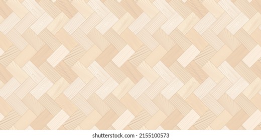 Wooden parquet, seamless herringbone pattern. Hardwood light zigzag laminate floor. Wood grain texture. Timber interior. Oak, walnut, pine or maple nature materials. Realistic flat vector illustration