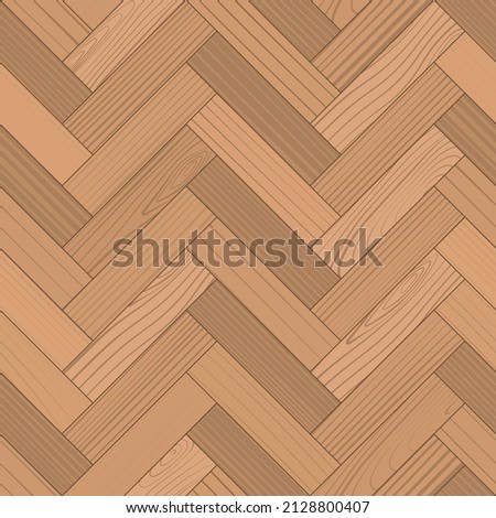 Wooden parquet, seamless herringbone pattern. Hardwood light laminate floor top view. Wood grain texture. Timber interior. Oak, walnut, pine or maple nature materials. Realistic vector illustration