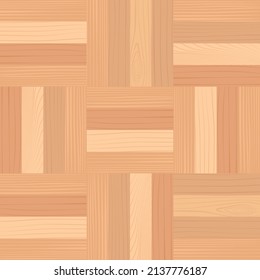 Wooden parquet, seamless mosaic pattern. Hardwood light laminate floor in house. Wood grain texture. Timber interior. Oak, walnut, pine or maple nature materials. Realistic flat vector illustration