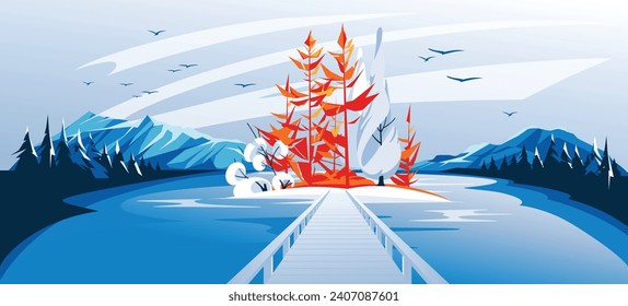 wooden path on the island on the mountains of the lake. Winter calm landscape. Orange pines. Vector flat illustration. Tourism.