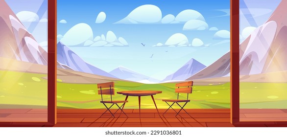 Wooden patio with Alpine mountain view. Vector cartoon illustration of chalet porch with table, chairs and glass door, rocky landscape and green valley under blue sunny sky. Travel and recreation