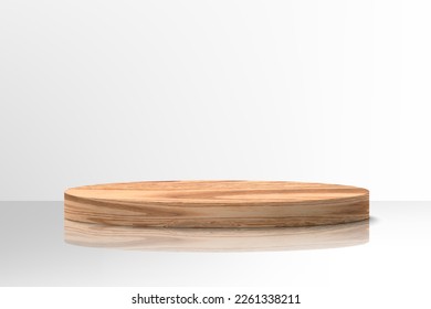 Wooden pedestal or podium. Realistic wood platform for product presentation. Minimal nature scene with pedestal mockup, cosmetic display or award ceremony