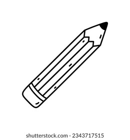 Wooden pencil with eraser isolated on white background. Vector hand-drawn illustration in doodle style. Perfect for cards, decorations, logo, various designs.