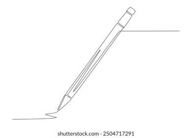 Wooden pencil with eraser. Pencils and pens concept one-line drawing