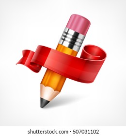 Wooden pencil with red ribbon. For design on white. Creative drawing template. Vector illustration