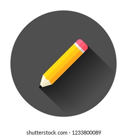 Wooden pencil with rubber eraser icon in flat style. Highlighter vector illustration with long shadow. Pencil business concept.