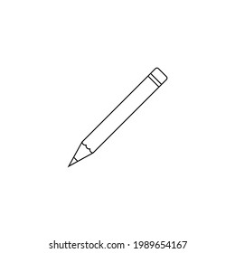 Wooden pencil with rubber eraser. Theme for stationery and office supplies. Line and outline vector icon. Illustration оn blank white background.  