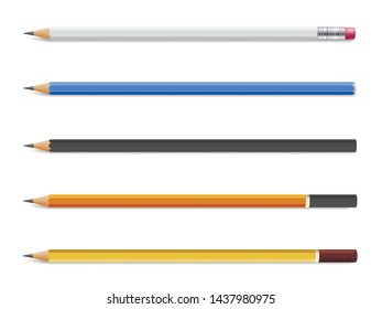 Wooden pencil set, stationery for writing and drawing. Realistic simple graphite pencil. Vector flat style cartoon illustration isolated on white background. 