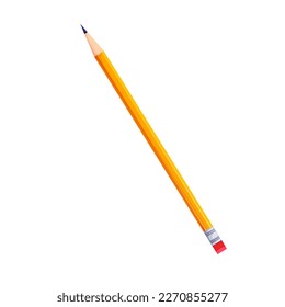 Wooden pencil vector illustration. Cartoon isolated yellow wood pencil with black sharp lead and rubber eraser on tips to write and erase drawings from paper, artists tool and school stationery