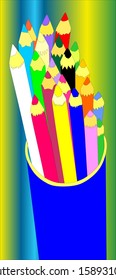 Wooden pens and pencils in box vector, isolated on rainbow background. 