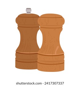 Wooden pepper and salt grinder. Pepper and salt shaker in minimalistic style isolated on white background.	