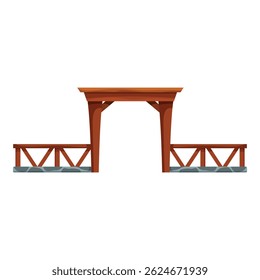Wooden pergola with supporting beams and crossbars connecting two stone fences, creating a cozy nook in a garden