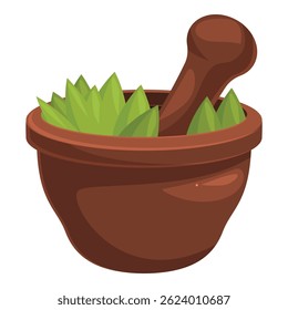 Wooden pestle is grinding herbs in a mortar, preparing a natural remedy for traditional medicine