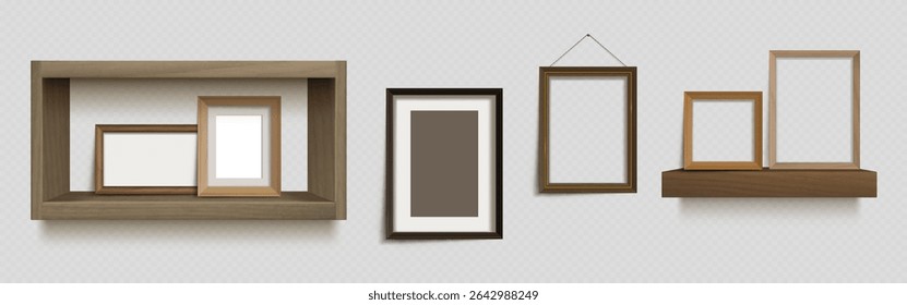 Wooden photo frame collection on wall shelf - empty picture borders in various sizes displayed on ledge and hung. Interior decor mockup for gallery arrangement, home decoration or memory showcase.