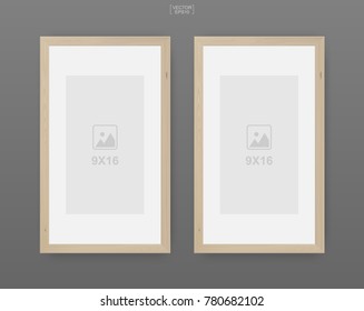 Wooden photo frame or picture frame on gray background. Object background for interior design and decoration. Vector illustration.