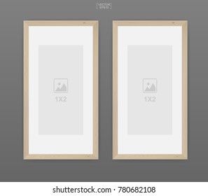 Wooden photo frame or picture frame on gray background. Object background for interior design and decoration. Vector illustration.