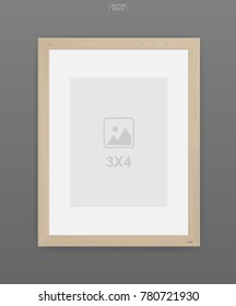 Wooden photo frame or picture frame on gray background. Object background for interior design and decoration. Vector illustration.