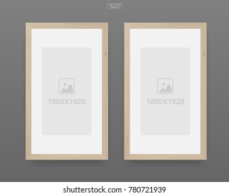 Wooden photo frame or picture frame on gray background. Object background for interior design and decoration. Vector illustration.
