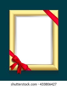 wooden photo frame with red ribbon and bow. Vector illustration
