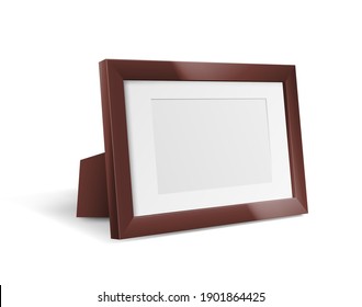 Wooden photo frame standing over white background. Realistic frame for picture. 3d template mockup. Home or office design element. Vector illustration