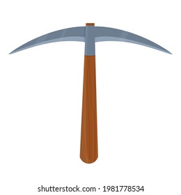 Wooden Pickaxe in cartoon style isolated on white background. Mine tool, dig. Iron, steel element. Textured and detailed object. . Vector illustration