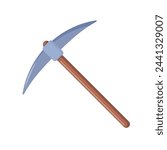 Wooden Pickaxe in flat style. Iron pickaxe for extraction of precious stones or extracting minerals. Miners hand tool. Vector illustration