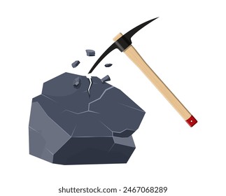 Wooden pickaxe with iron tip nd rock. Miners hand tool for extracting minerals. Vector illustration in flat style