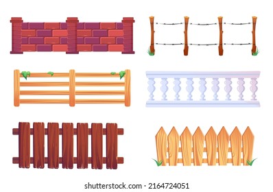 Wooden picket fence, barrier with barbwire, stone balustrade and brick wall. Vector cartoon set of different fences for garden, farm paddock, house terrace, backyard and ranch