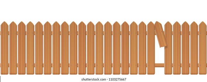 Wooden picket fence with gap in the fence. Palisade or stockade with broken plank and loophole to slip through, escape, bolt, run away, break free, flee, take off, slip away, sidle off. Illustration.