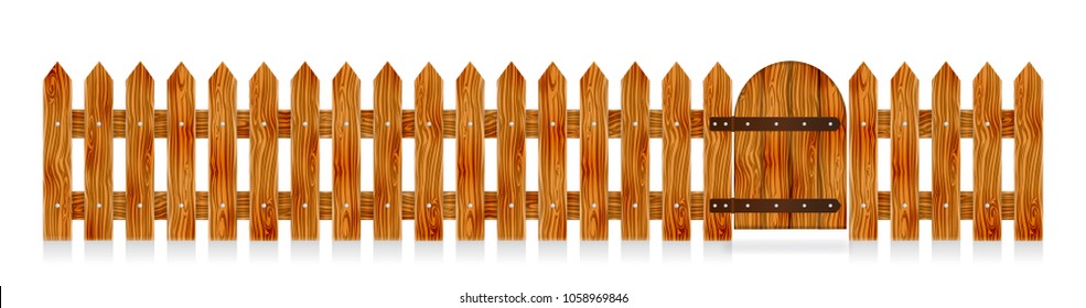 Wooden picket fence with a gate. Elements for rural design. Cartoon vector illustration.