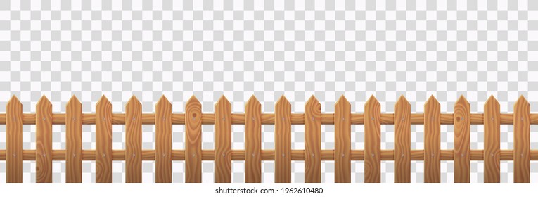 Wooden picket fence isolated on transparent background. Vector realistic barrier with brown wood texture for rustic garden, house backyard or farm. Enclosure from boards, rural boundary from planks